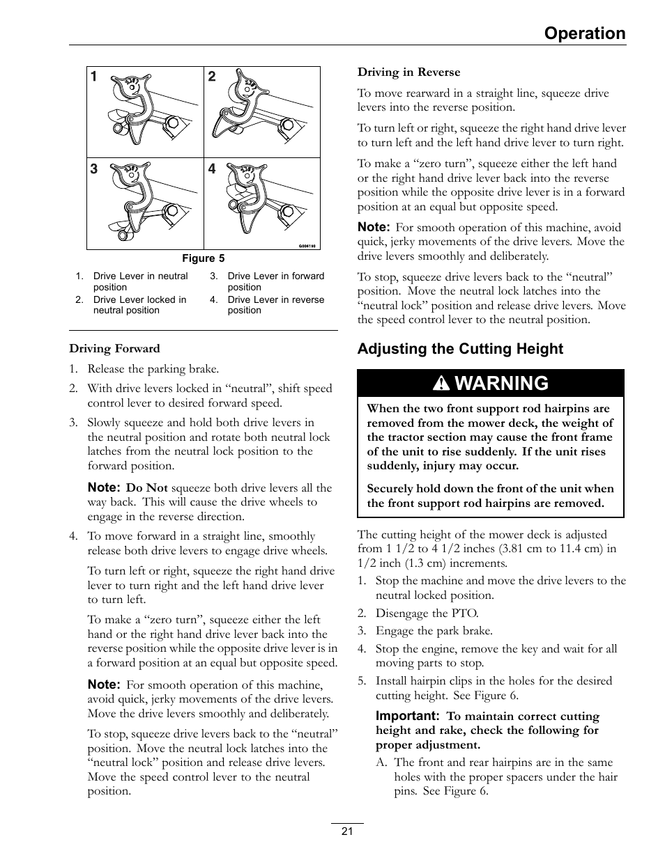 Figure 5, Warning, Operation | Adjusting the cutting height | Exmark Turf Tracer HP 4500-358 User Manual | Page 21 / 48