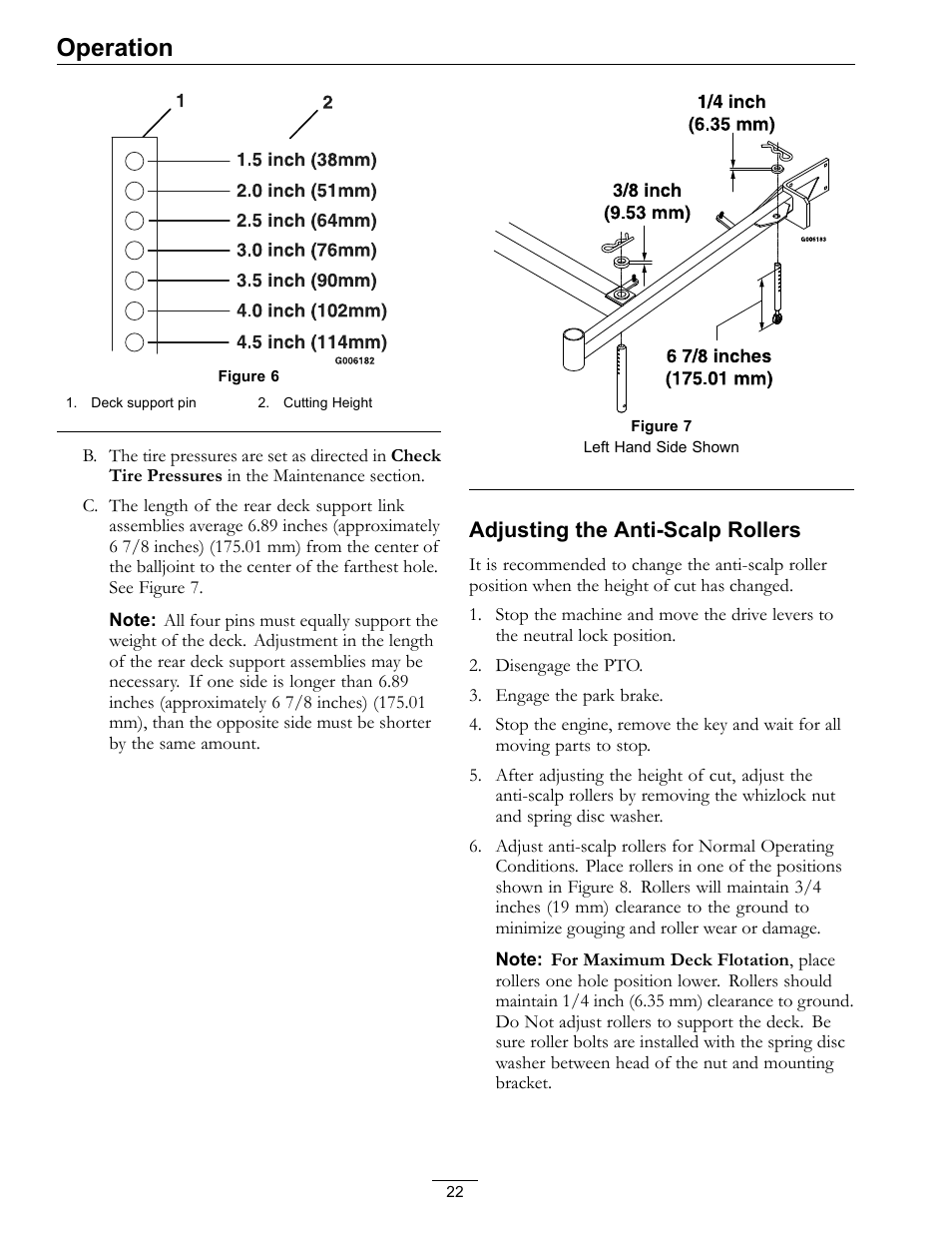Operation, Adjusting the anti-scalp rollers | Exmark Turf Tracer HP 4500-358 User Manual | Page 22 / 48