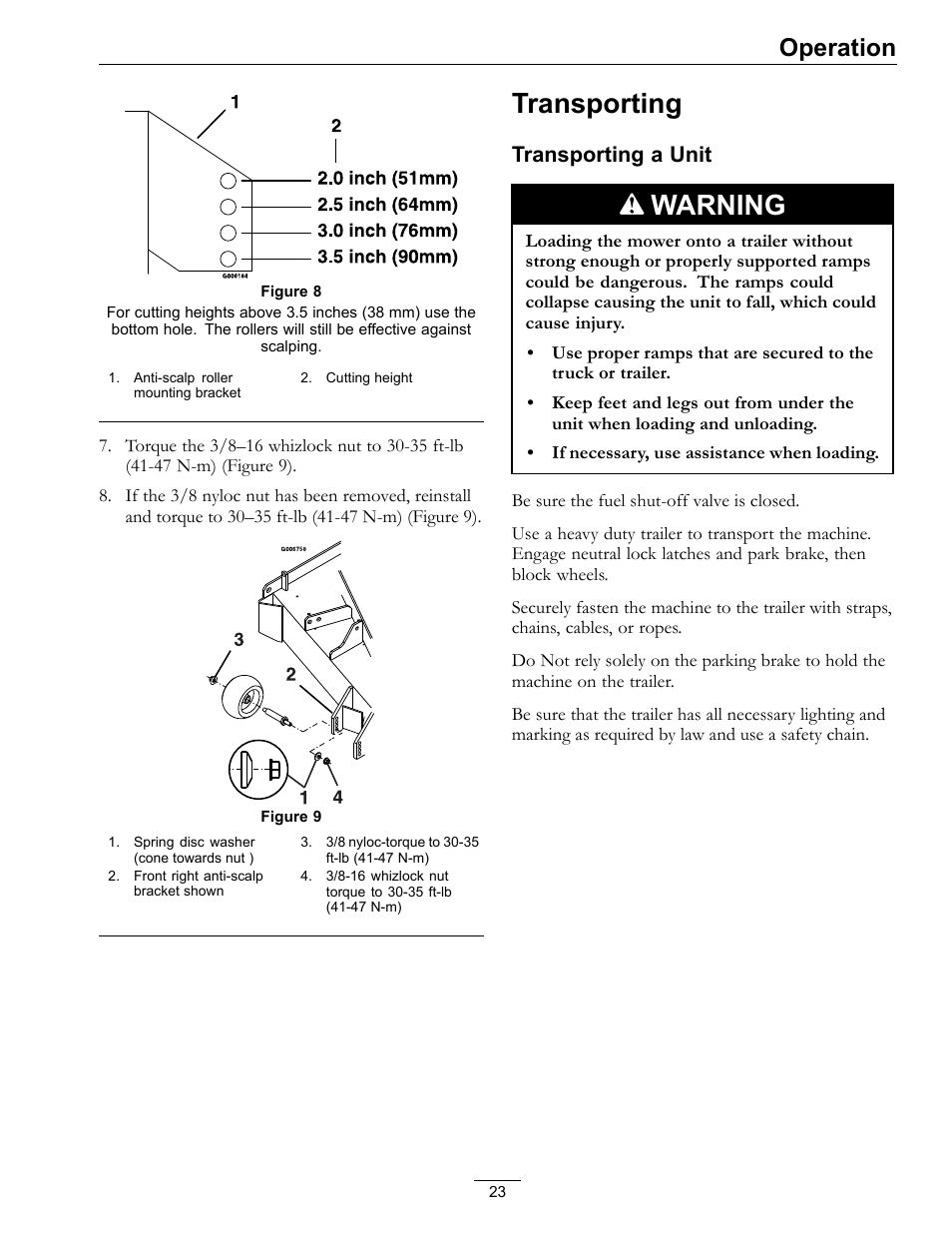 Transporting, Warning, Operation | Transporting a unit | Exmark Turf Tracer HP 4500-358 User Manual | Page 23 / 48
