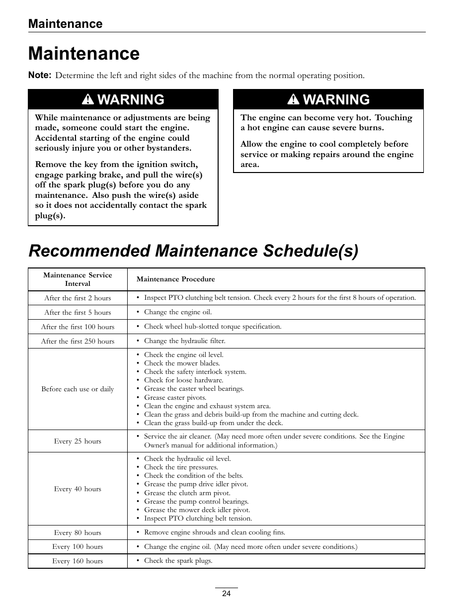 Maintenance, Recommended maintenance schedule(s), Warning | Exmark Turf Tracer HP 4500-358 User Manual | Page 24 / 48
