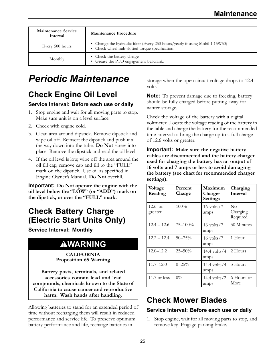 Periodic maintenance, Only), Check mower blades | Check engine oil level, Check battery charge (electric start units only), Warning, Maintenance | Exmark Turf Tracer HP 4500-358 User Manual | Page 25 / 48