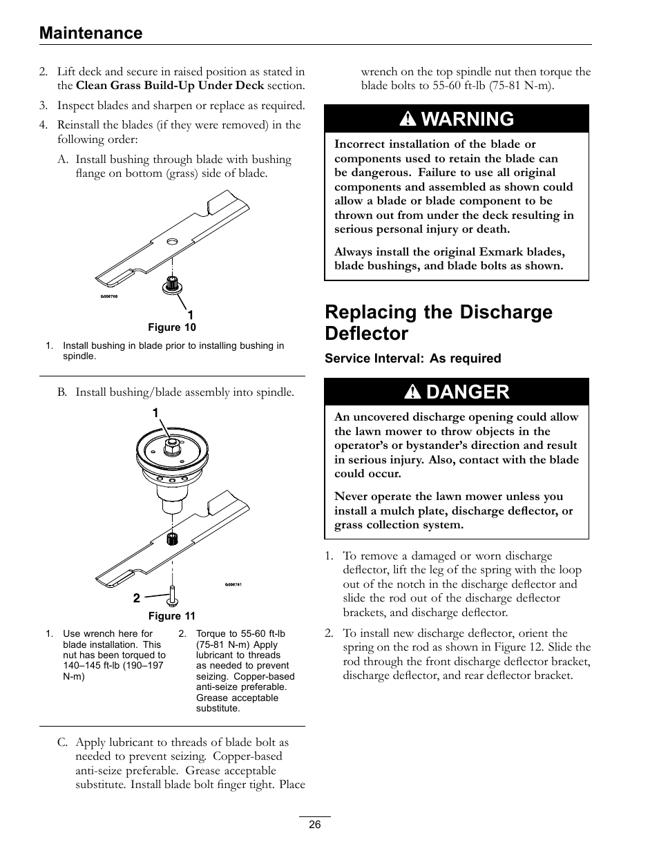 Warning, Replacing the discharge deflector, Danger | Maintenance | Exmark Turf Tracer HP 4500-358 User Manual | Page 26 / 48