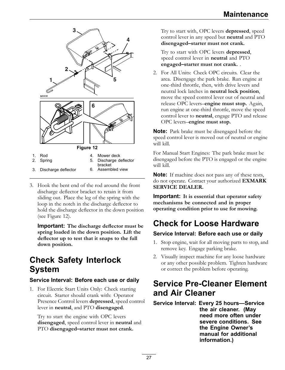 Cleaner, Check safety interlock system, Check for loose hardware | Service pre-cleaner element and air cleaner, Maintenance | Exmark Turf Tracer HP 4500-358 User Manual | Page 27 / 48