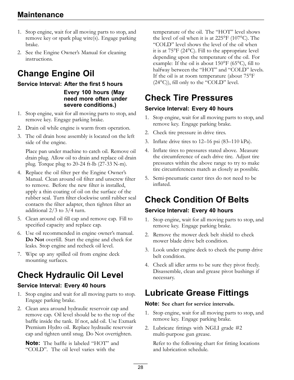 Change engine oil, Check hydraulic oil level, Check tire pressures | Check condition of belts, Lubricate grease fittings, Maintenance | Exmark Turf Tracer HP 4500-358 User Manual | Page 28 / 48