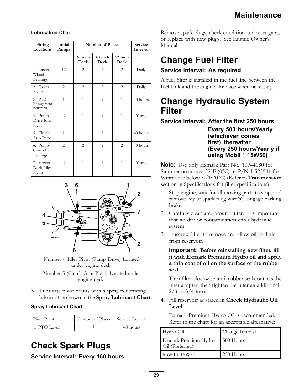 Check spark plugs change hydraulic system filter, Check spark plugs, Change fuel filter | Change hydraulic system filter, Maintenance | Exmark Turf Tracer HP 4500-358 User Manual | Page 29 / 48