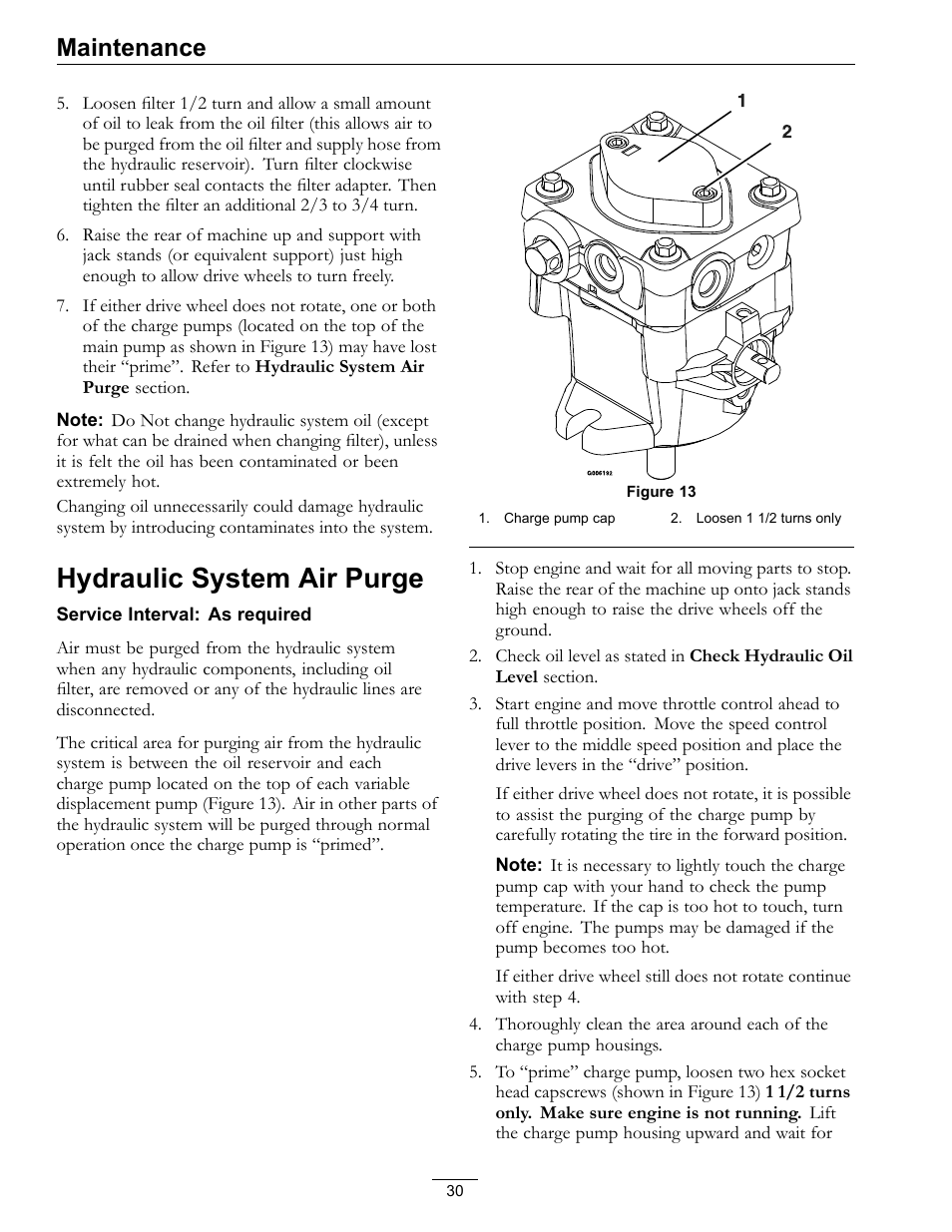 Hydraulic system air purge, Maintenance | Exmark Turf Tracer HP 4500-358 User Manual | Page 30 / 48