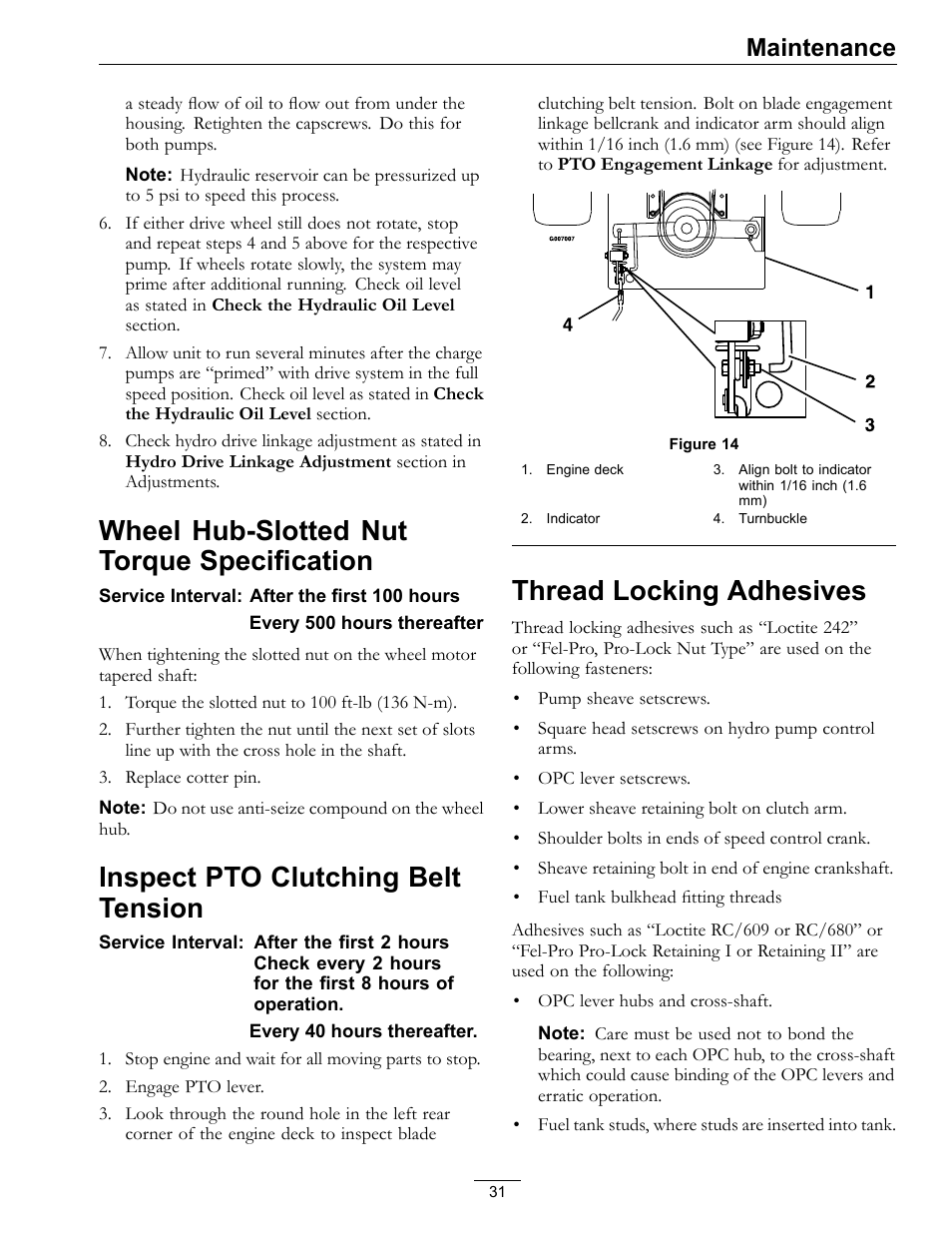 Wheel hub-slotted nut torque, Specification, Wheel hub-slotted nut torque specification | Inspect pto clutching belt tension, Thread locking adhesives, Maintenance | Exmark Turf Tracer HP 4500-358 User Manual | Page 31 / 48