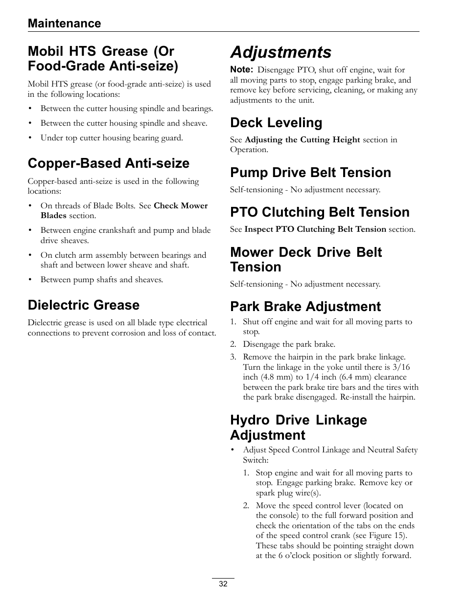 Mobil hts grease (or food-grade, Anti-seize), Copper-based anti-seize dielectric grease | Adjustments, Mobil hts grease (or food-grade anti-seize), Copper-based anti-seize, Dielectric grease, Deck leveling, Pump drive belt tension, Pto clutching belt tension | Exmark Turf Tracer HP 4500-358 User Manual | Page 32 / 48