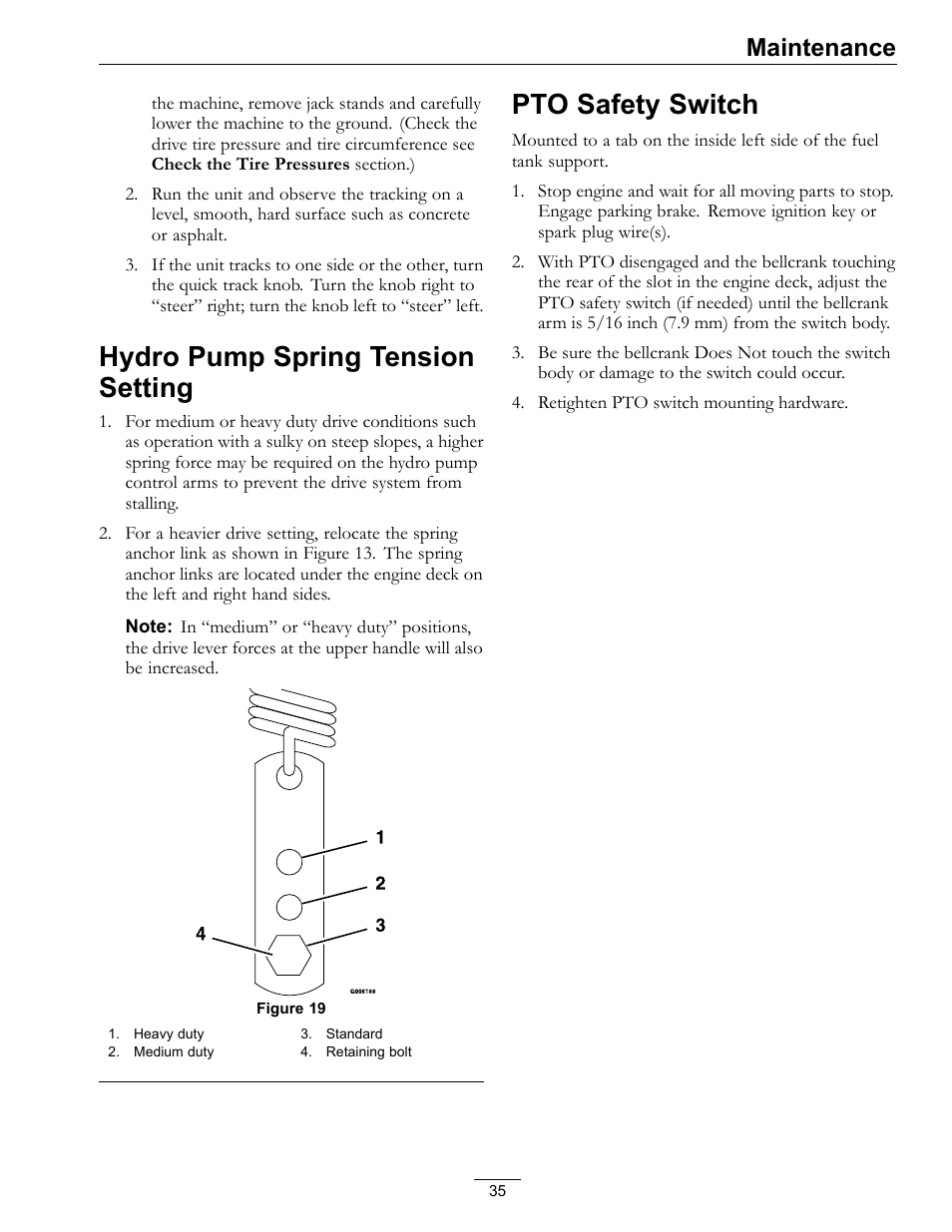 Hydro pump spring tension setting, Pto safety switch, Maintenance | Exmark Turf Tracer HP 4500-358 User Manual | Page 35 / 48