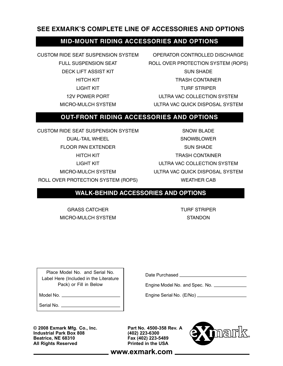 Mid-mount riding accessories and options, Walk-behind accessories and options, Out-front riding accessories and options | Exmark Turf Tracer HP 4500-358 User Manual | Page 48 / 48