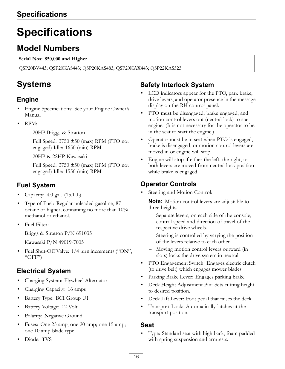 Specifications, Model numbers systems, Model numbers | Systems | Exmark Quest SP Models 850 User Manual | Page 16 / 52