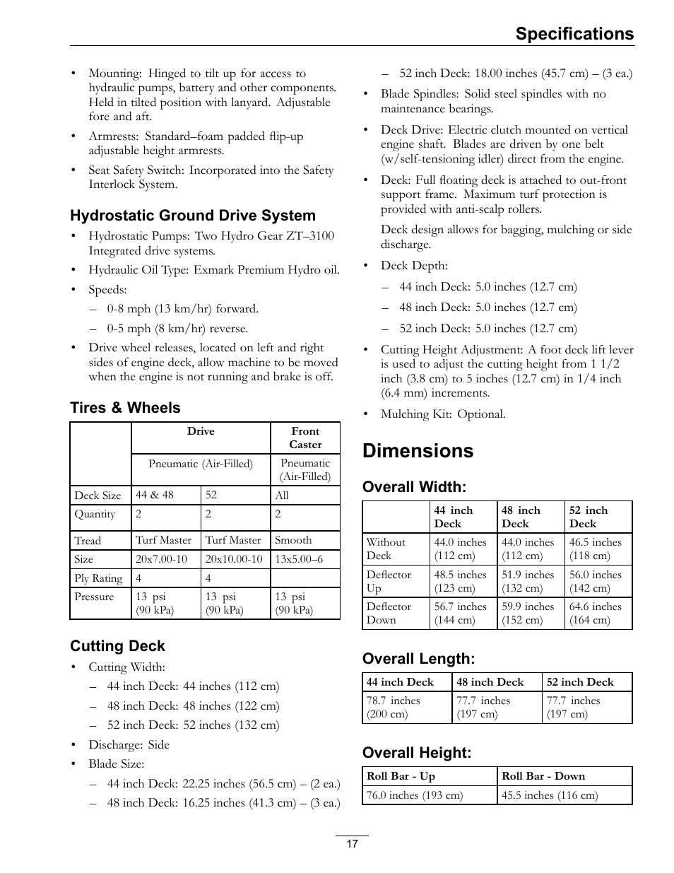Dimensions, Specifications | Exmark Quest SP Models 850 User Manual | Page 17 / 52