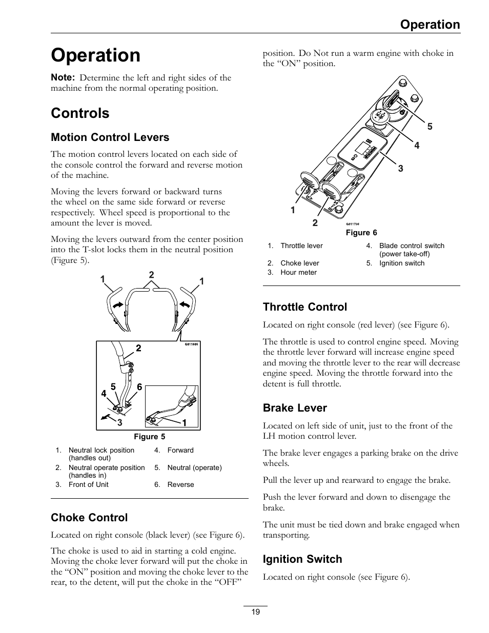 Operation, Controls, Motion control levers | Choke control, Throttle control, Brake lever, Ignition switch | Exmark Quest SP Models 850 User Manual | Page 19 / 52