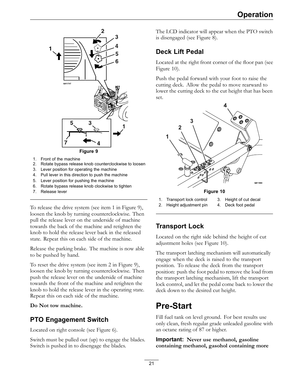 Pre-start, Operation, Pto engagement switch | Deck lift pedal, Transport lock | Exmark Quest SP Models 850 User Manual | Page 21 / 52