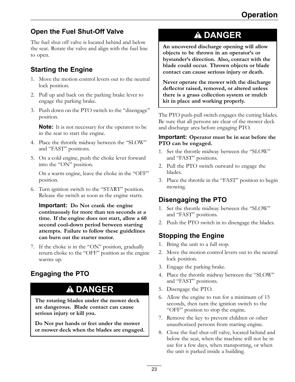 Danger, Operation | Exmark Quest SP Models 850 User Manual | Page 23 / 52