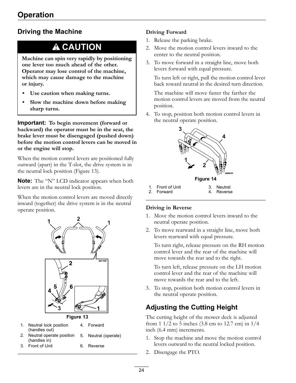 Caution, Operation, Driving the machine | Adjusting the cutting height | Exmark Quest SP Models 850 User Manual | Page 24 / 52