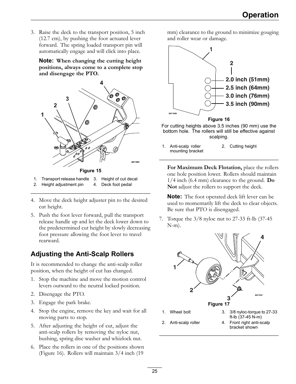 Operation, Adjusting the anti-scalp rollers | Exmark Quest SP Models 850 User Manual | Page 25 / 52