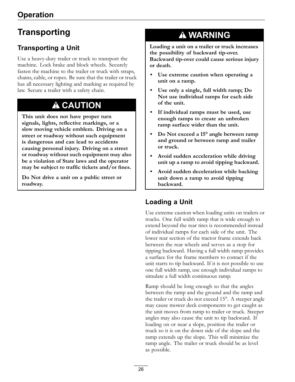 Transporting, Caution, Warning | Operation | Exmark Quest SP Models 850 User Manual | Page 26 / 52