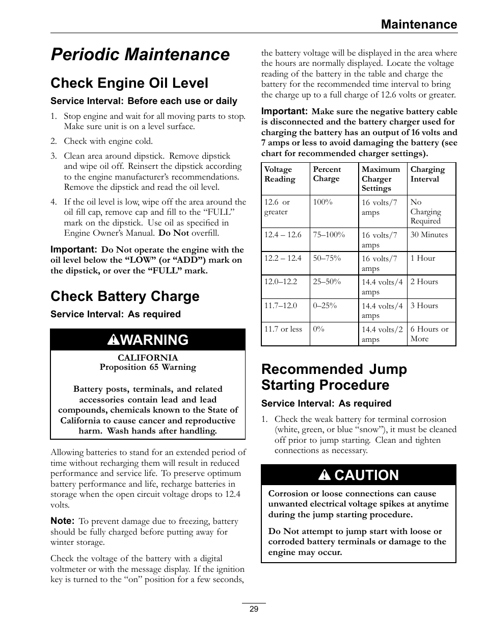 Periodic maintenance, Check engine oil level, Check battery charge | Warning, Recommended jump starting procedure, Caution, Maintenance | Exmark Quest SP Models 850 User Manual | Page 29 / 52