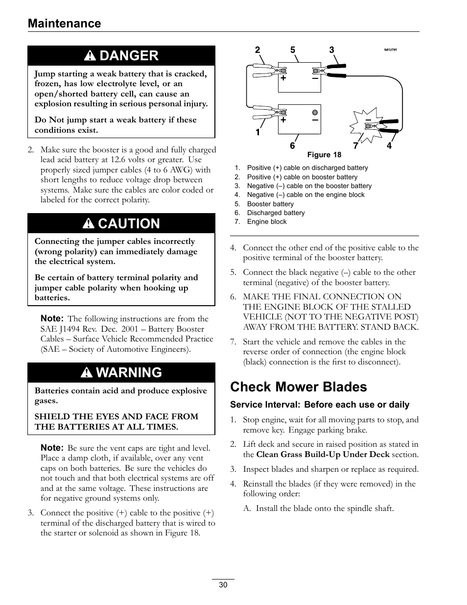 Check mower blades, Danger, Caution | Warning, Maintenance | Exmark Quest SP Models 850 User Manual | Page 30 / 52