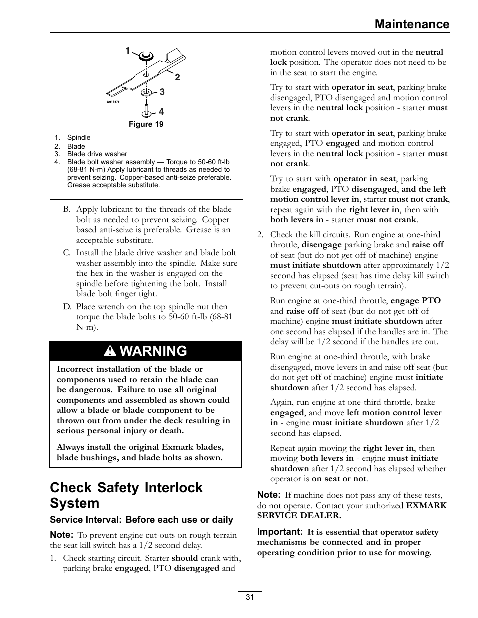 Check safety interlock system, Warning, Maintenance | Exmark Quest SP Models 850 User Manual | Page 31 / 52