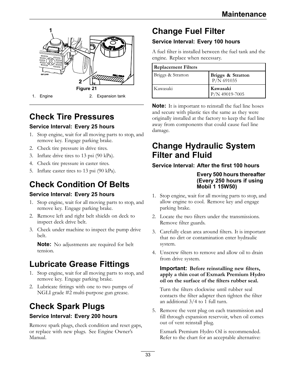 Fluid, Check tire pressures, Check condition of belts | Lubricate grease fittings, Check spark plugs, Change fuel filter, Change hydraulic system filter and fluid, Maintenance | Exmark Quest SP Models 850 User Manual | Page 33 / 52