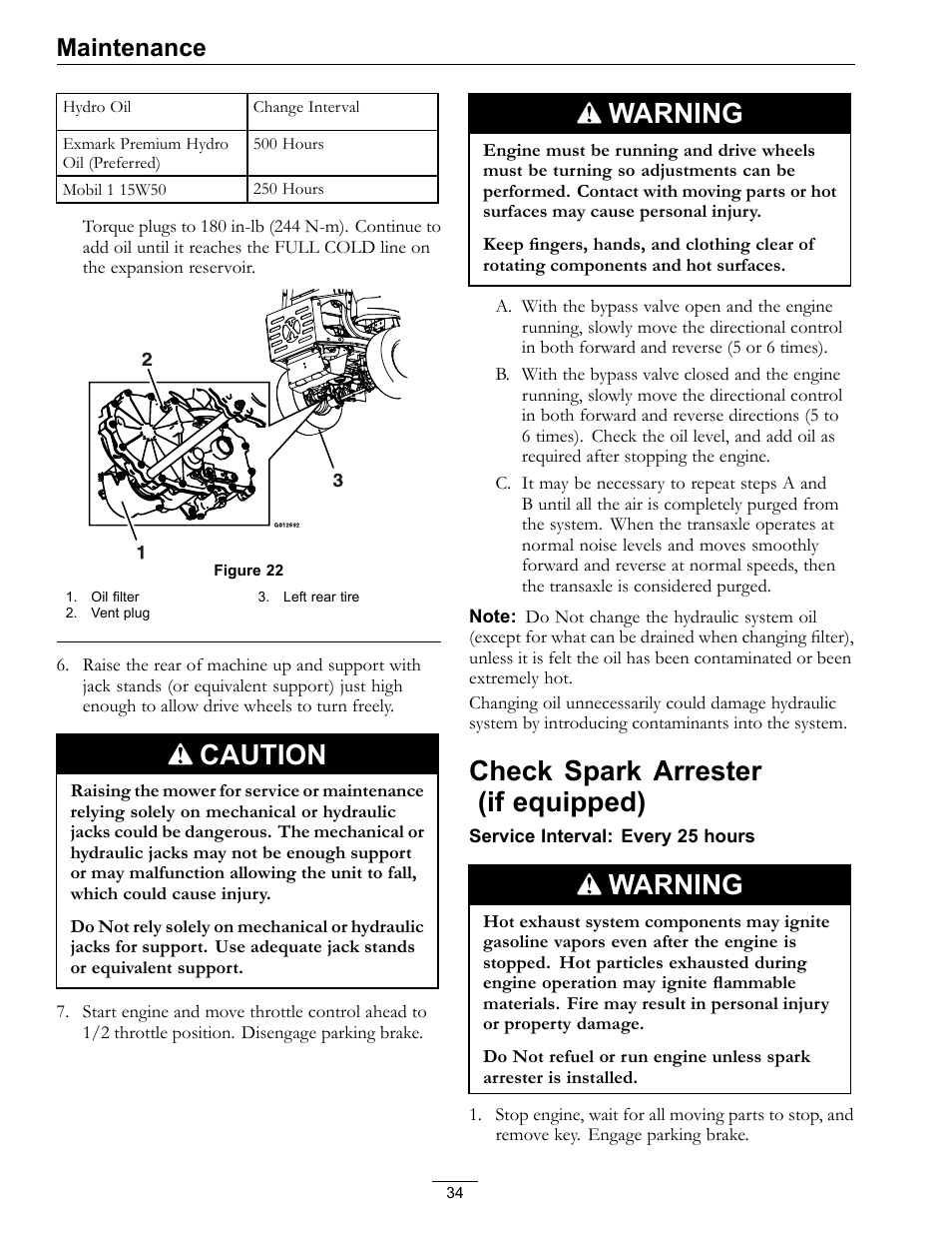 Check spark arrester (if equipped), Caution, Warning | Maintenance | Exmark Quest SP Models 850 User Manual | Page 34 / 52