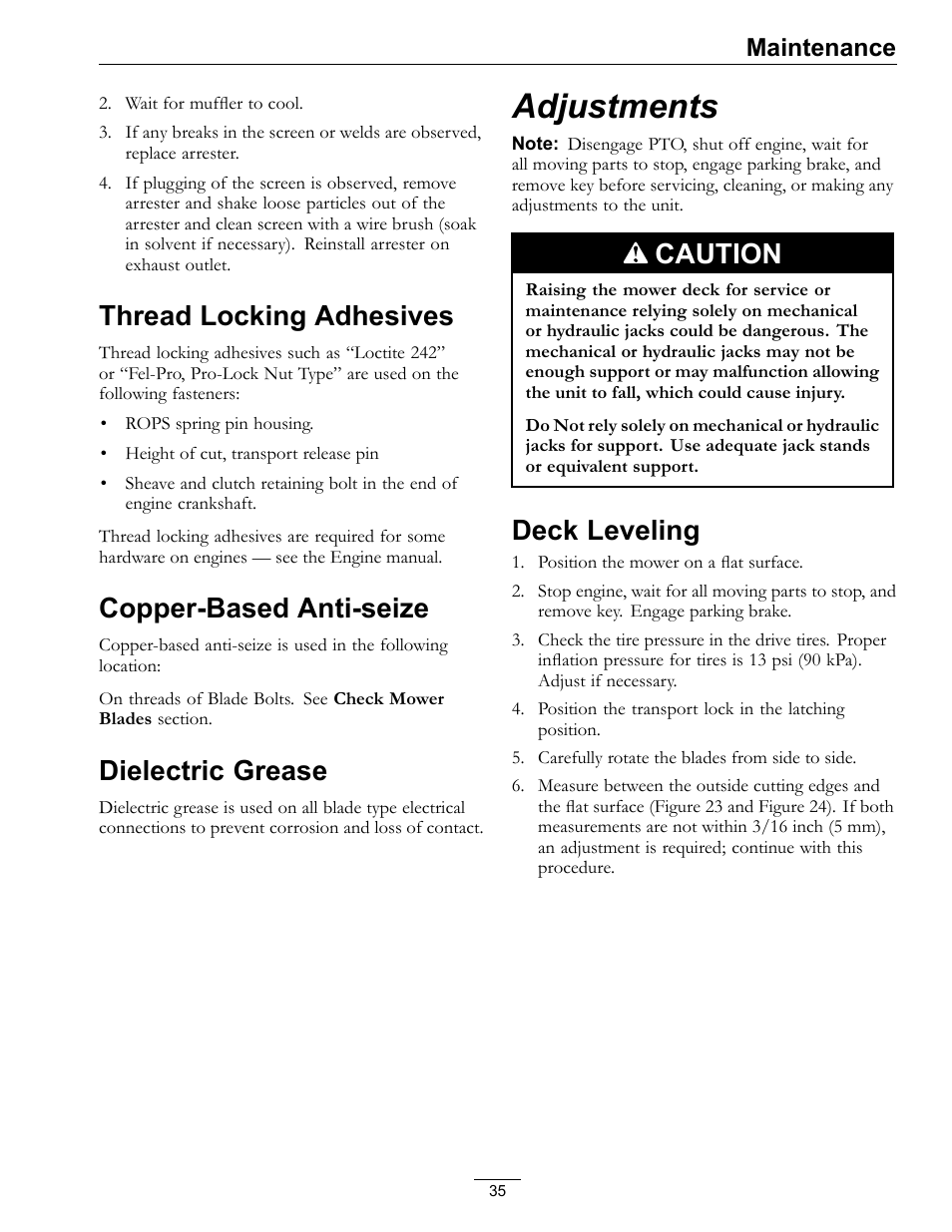 Adjustments, Deck leveling, Thread locking adhesives | Copper-based anti-seize, Dielectric grease, Caution, Maintenance | Exmark Quest SP Models 850 User Manual | Page 35 / 52