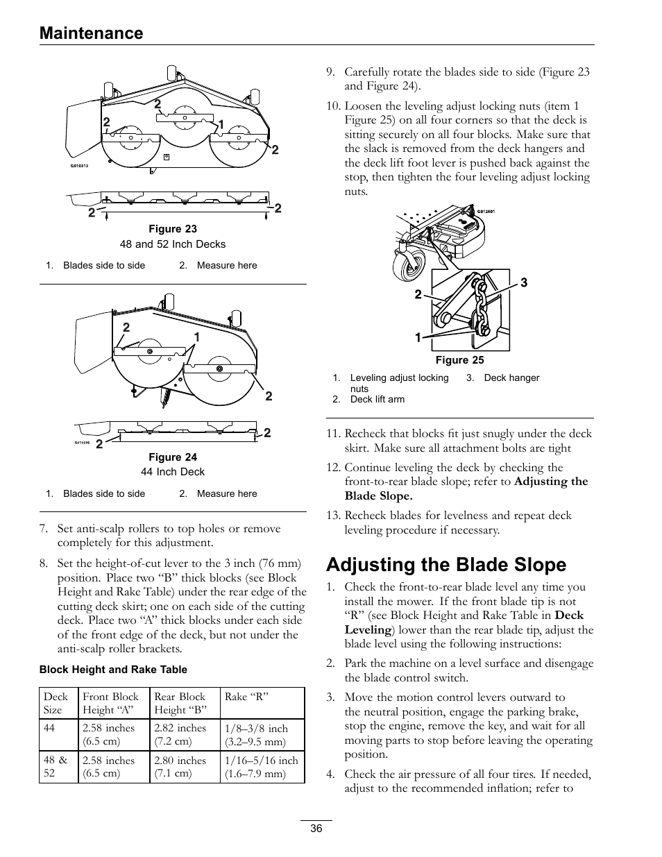 Adjusting the blade slope, Maintenance | Exmark Quest SP Models 850 User Manual | Page 36 / 52