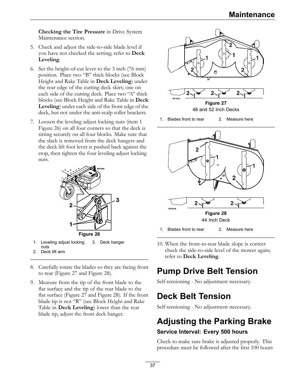 Pump drive belt tension, Deck belt tension, Adjusting the parking brake | Maintenance | Exmark Quest SP Models 850 User Manual | Page 37 / 52