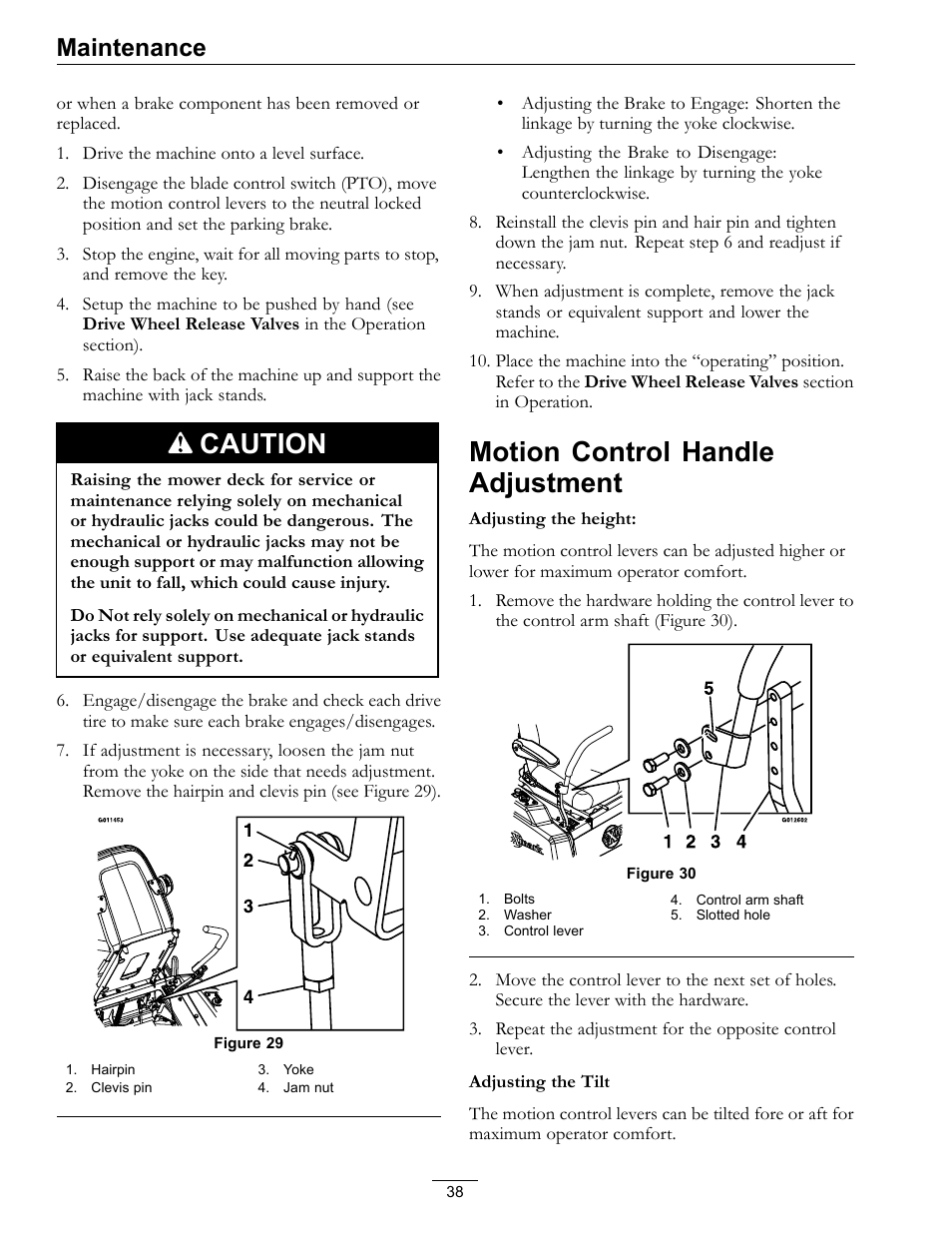 Motion control handle adjustment, Caution, Maintenance | Exmark Quest SP Models 850 User Manual | Page 38 / 52
