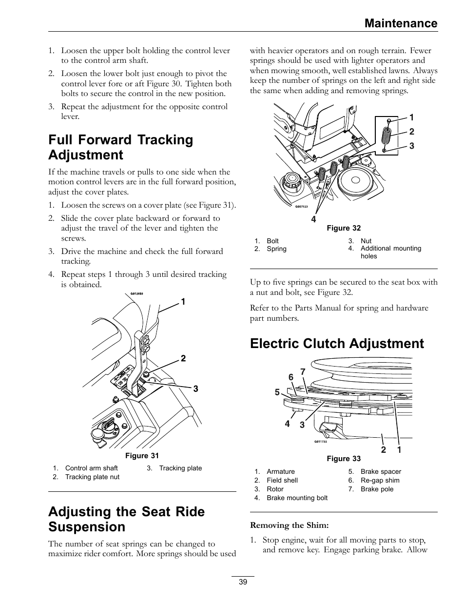 Electric clutch adjustment, Full forward tracking adjustment, Adjusting the seat ride suspension | Maintenance | Exmark Quest SP Models 850 User Manual | Page 39 / 52