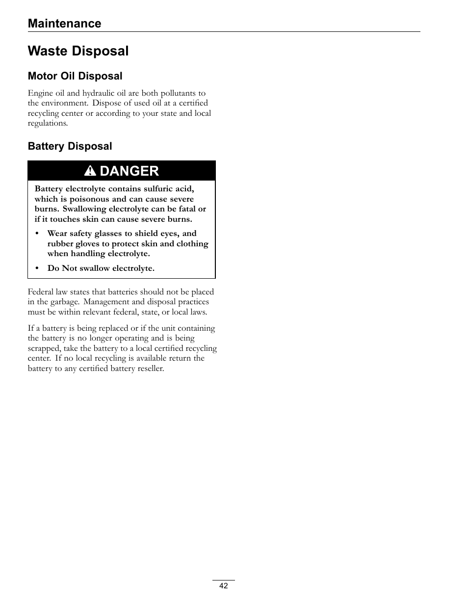 Waste disposal, Danger, Maintenance | Exmark Quest SP Models 850 User Manual | Page 42 / 52