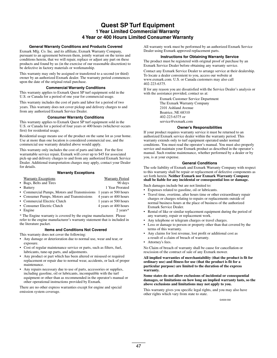 Quest sp turf equipment | Exmark Quest SP Models 850 User Manual | Page 47 / 52