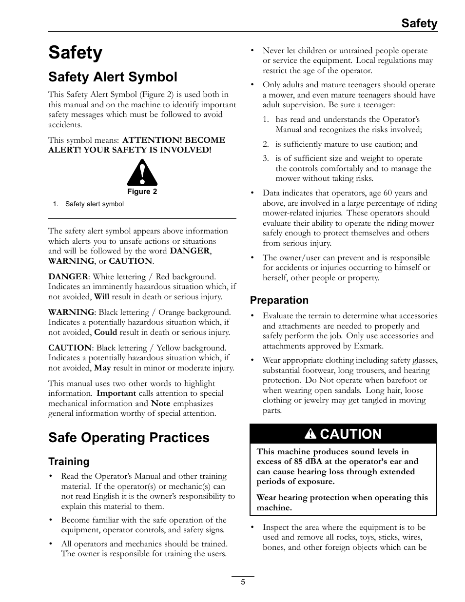 Safety, Safety alert symbol safe operating practices, Safety alert symbol | Safe operating practices, Caution | Exmark Quest SP Models 850 User Manual | Page 5 / 52