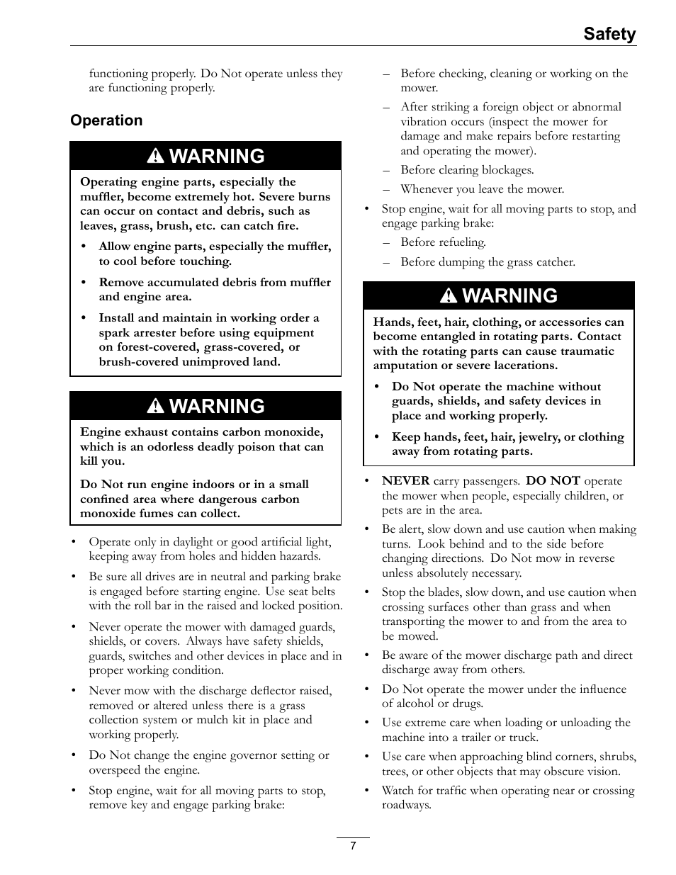 Warning, Safety | Exmark Quest SP Models 850 User Manual | Page 7 / 52