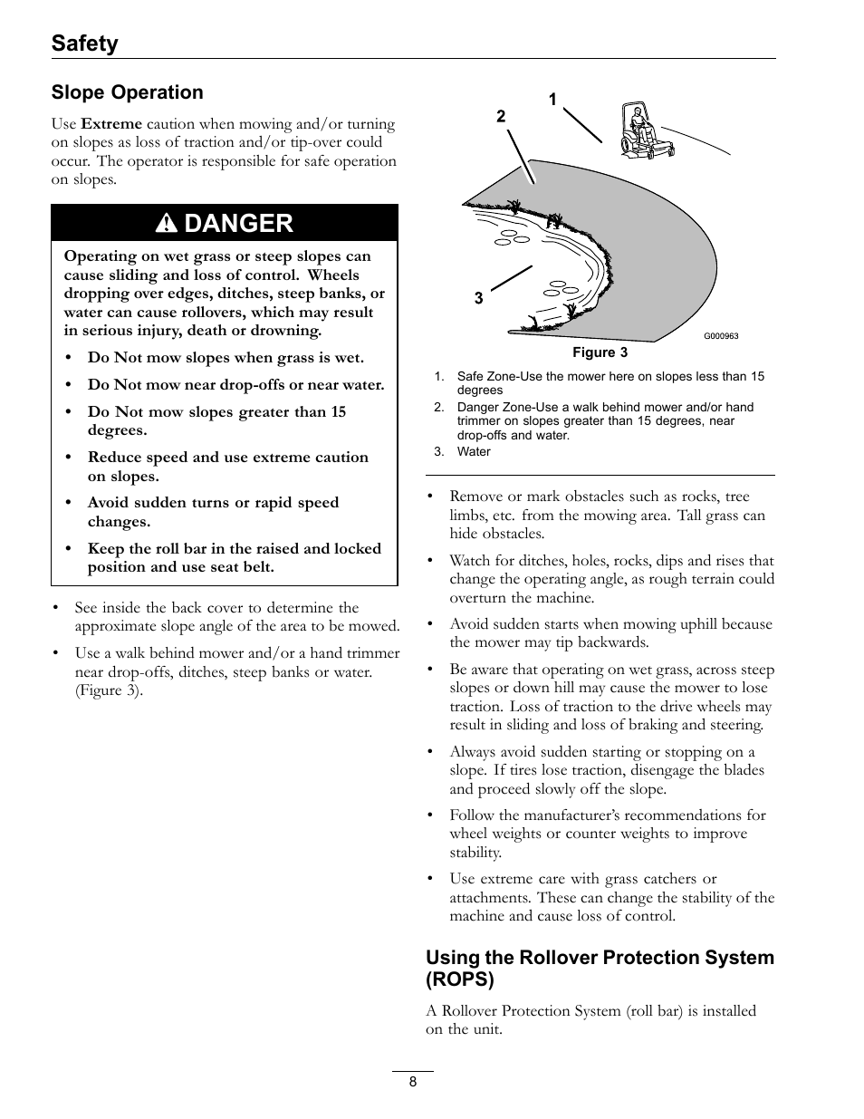 Danger, Safety | Exmark Quest SP Models 850 User Manual | Page 8 / 52