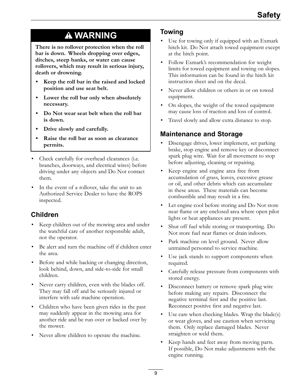 Warning, Safety | Exmark Quest SP Models 850 User Manual | Page 9 / 52