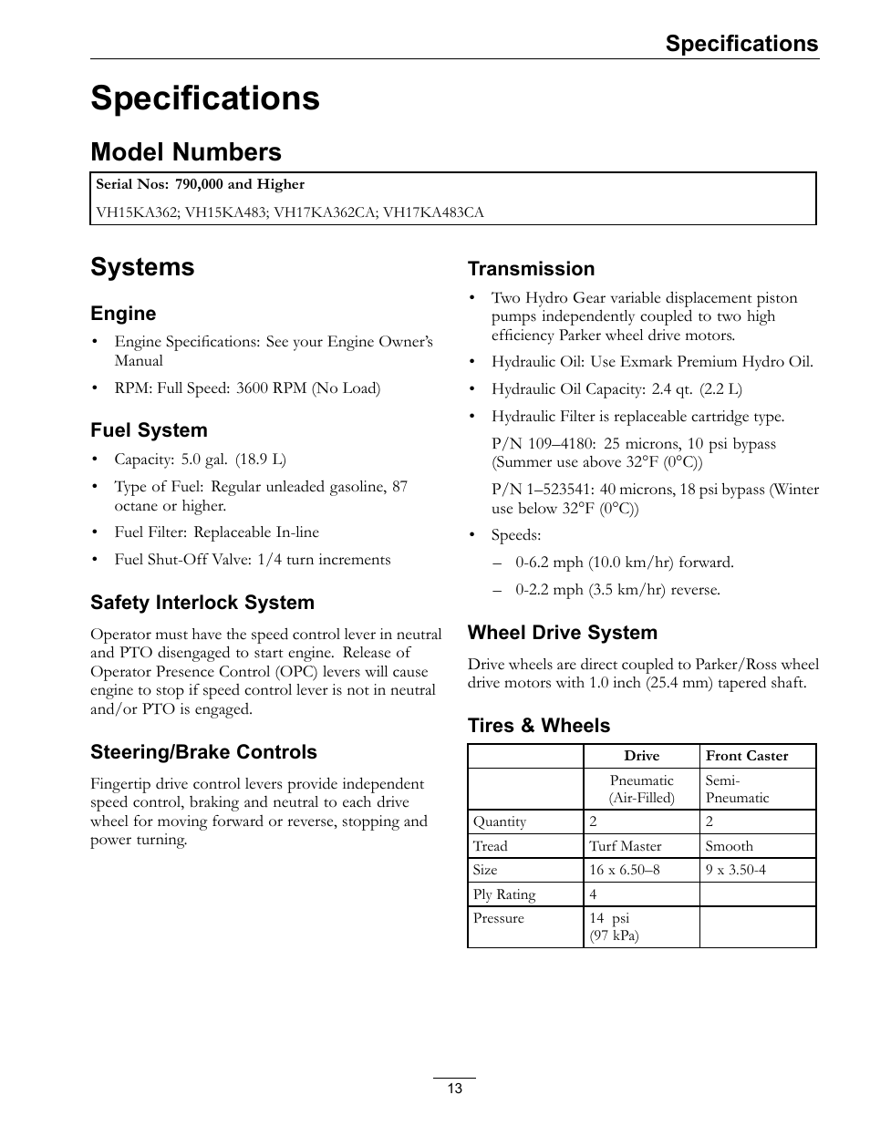 Specifications, Model numbers systems, Model numbers | Systems | Exmark Vikingtm Hydro 4500-355 User Manual | Page 13 / 44