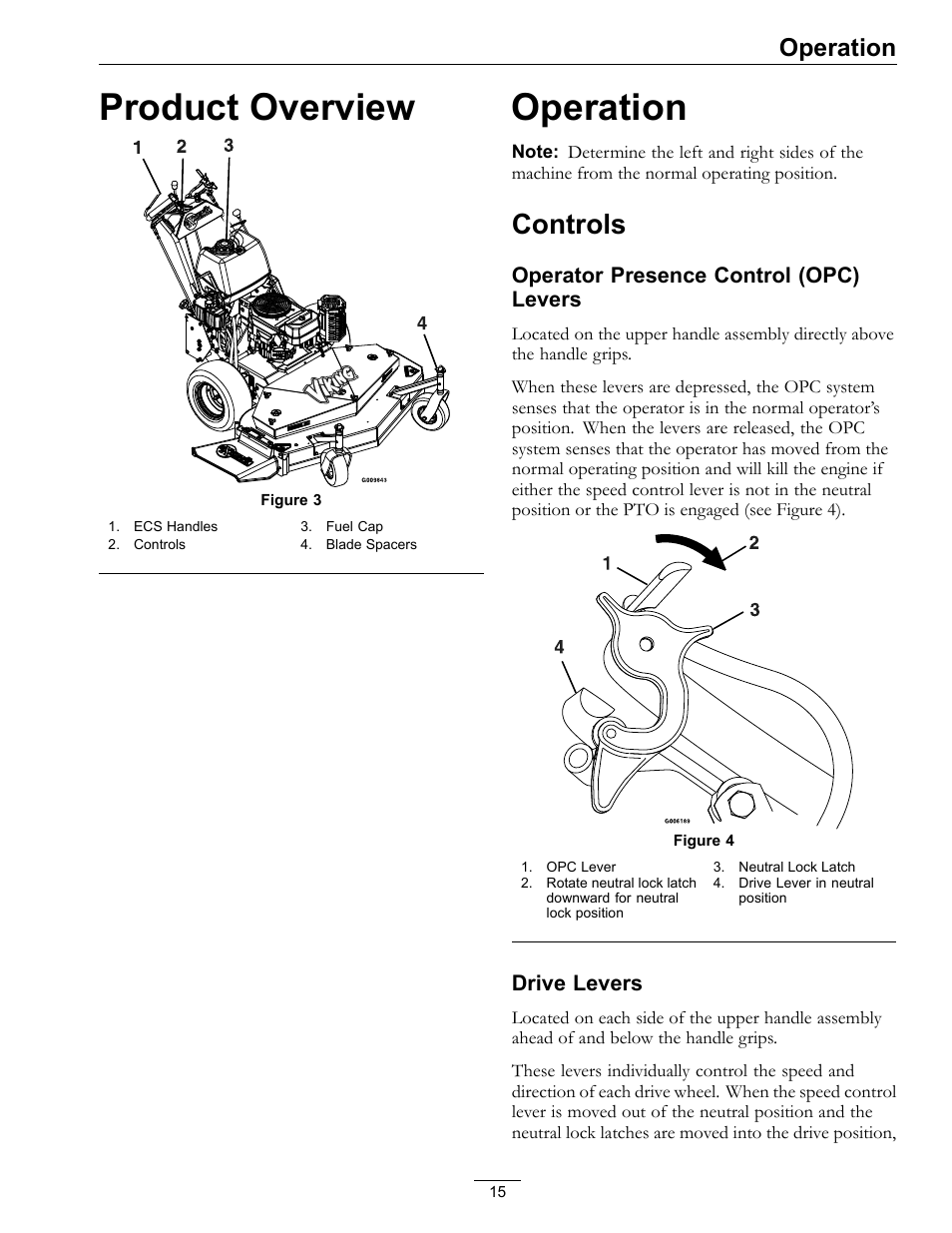 Product overview operation, Controls, Product overview | Operation, Operator presence control (opc) levers, Drive levers | Exmark Vikingtm Hydro 4500-355 User Manual | Page 15 / 44