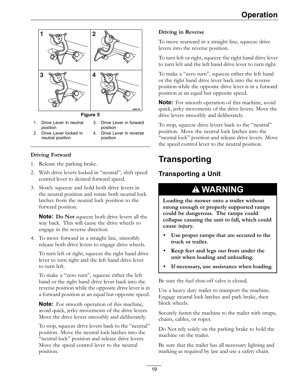 Transporting, Figure 5, Warning | Operation | Exmark Vikingtm Hydro 4500-355 User Manual | Page 19 / 44