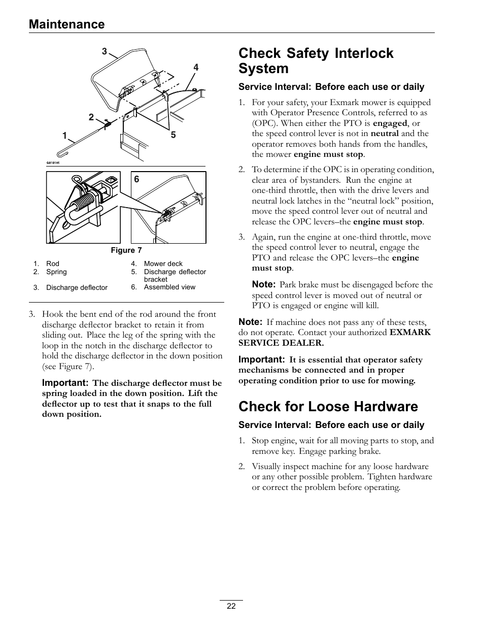 Check safety interlock system, Check for loose hardware, Maintenance | Exmark Vikingtm Hydro 4500-355 User Manual | Page 22 / 44