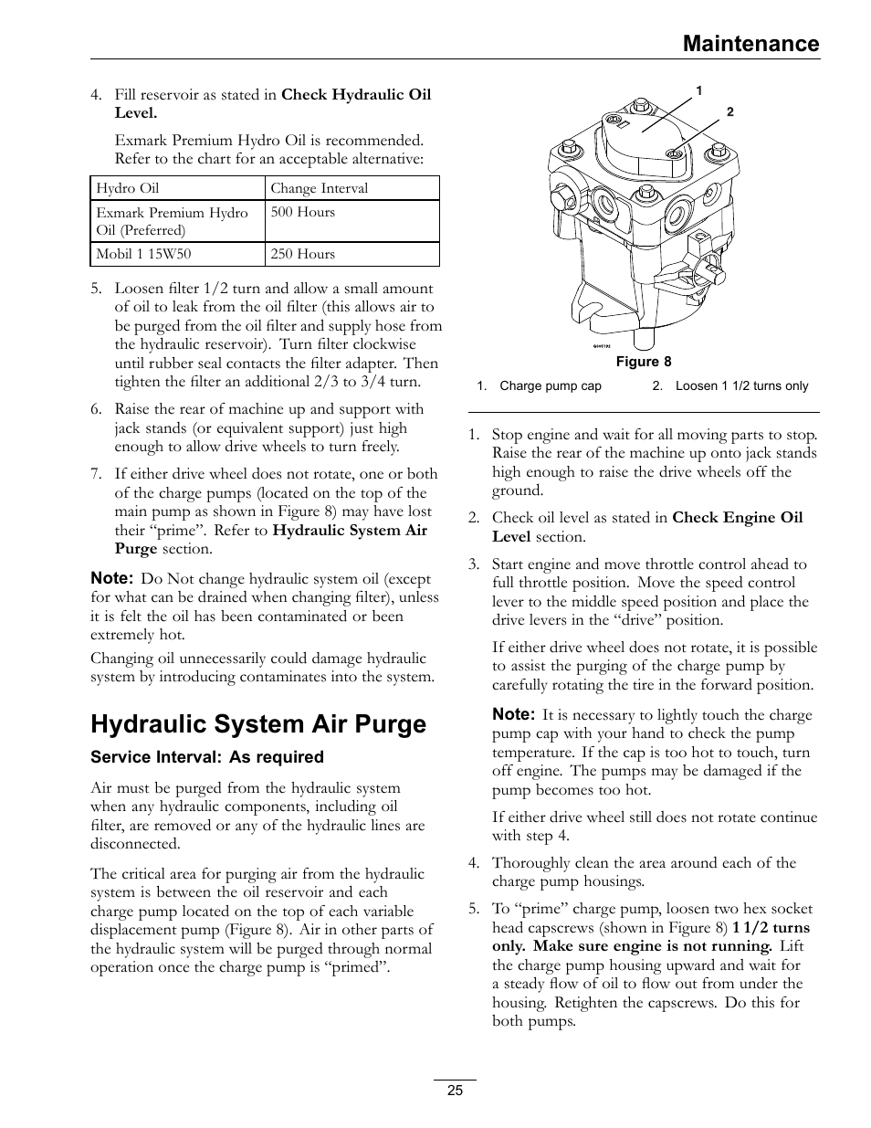 Hydraulic system air purge, Maintenance | Exmark Vikingtm Hydro 4500-355 User Manual | Page 25 / 44