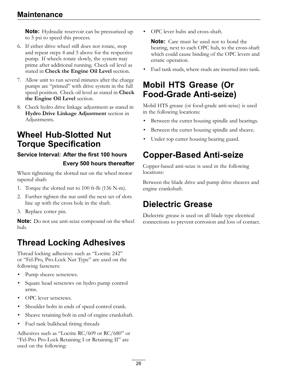 Wheel hub-slotted nut torque, Specification, Anti-seize) | Copper-based anti-seize dielectric grease, Wheel hub-slotted nut torque specification, Thread locking adhesives, Mobil hts grease (or food-grade anti-seize), Copper-based anti-seize, Dielectric grease, Maintenance | Exmark Vikingtm Hydro 4500-355 User Manual | Page 26 / 44