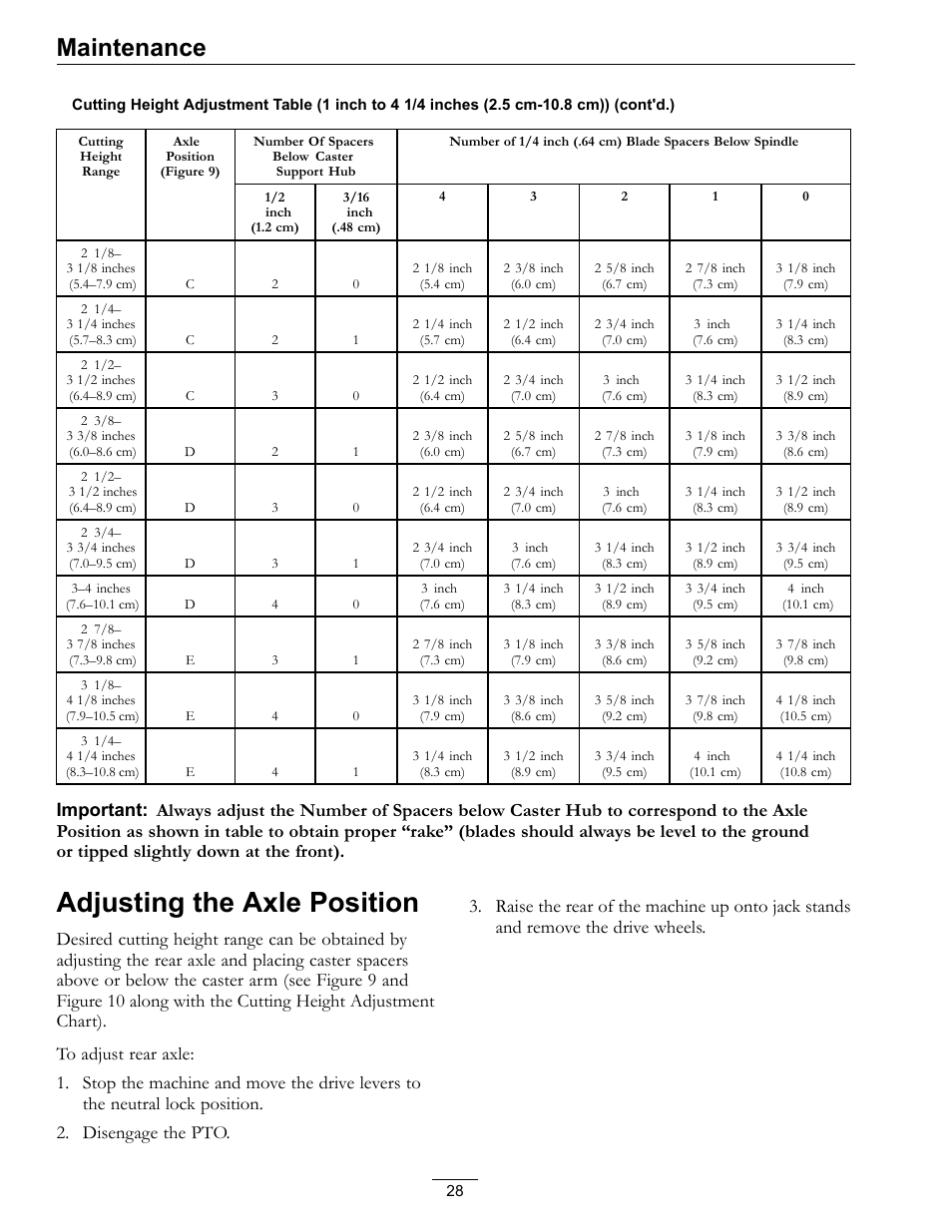 Adjusting the axle position, Maintenance | Exmark Vikingtm Hydro 4500-355 User Manual | Page 28 / 44