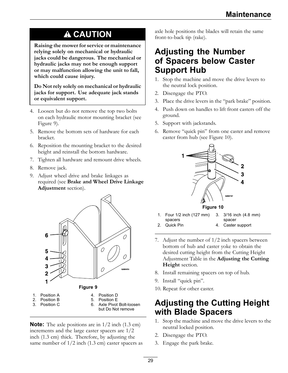 Adjusting the number of spacers below, Caster support hub, Adjusting the cutting height with blade | Spacers, Caution, Adjusting the cutting height with blade spacers, Maintenance | Exmark Vikingtm Hydro 4500-355 User Manual | Page 29 / 44