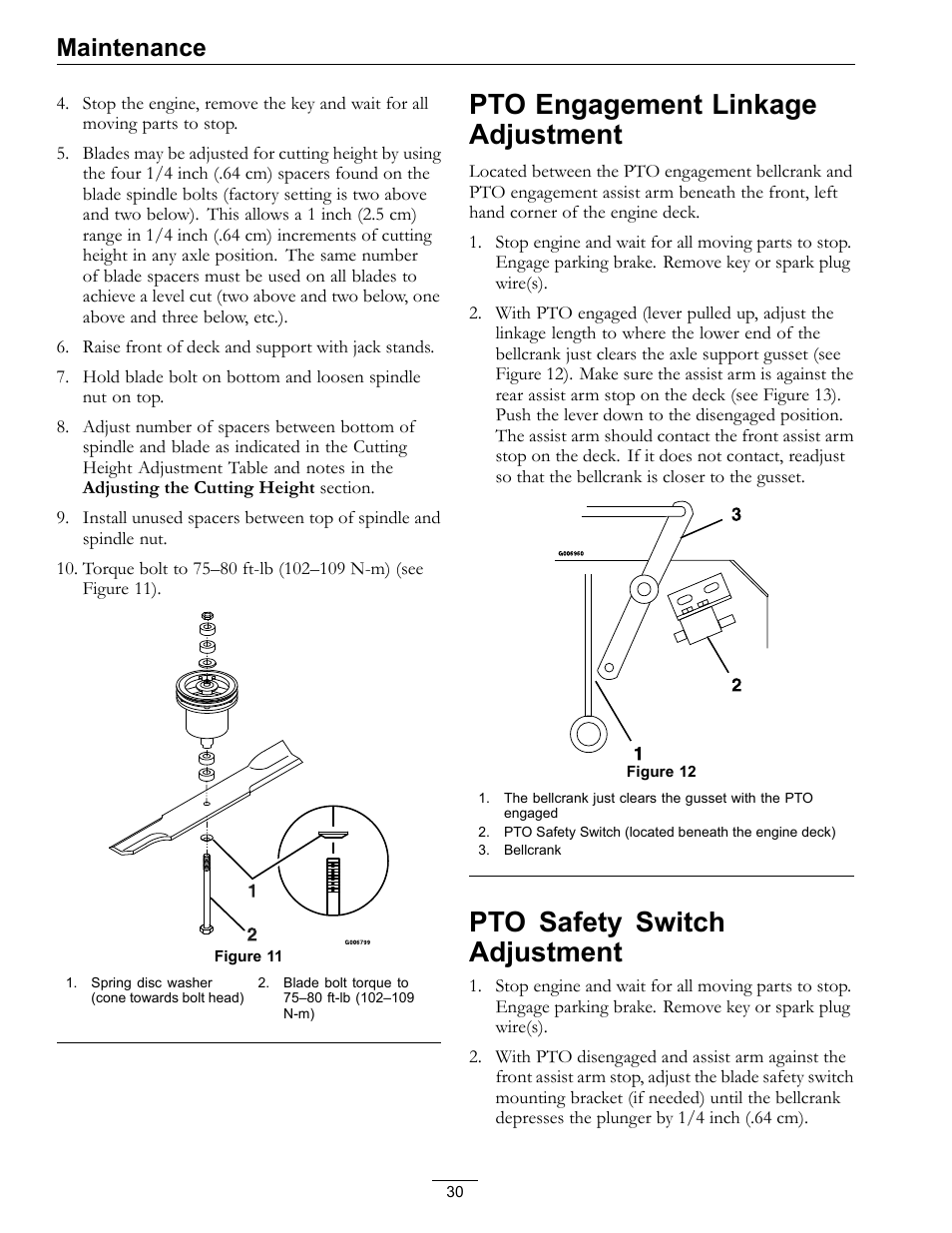 Pto engagement linkage, Adjustment, Pto safety switch adjustment | Pto engagement linkage adjustment, Maintenance | Exmark Vikingtm Hydro 4500-355 User Manual | Page 30 / 44