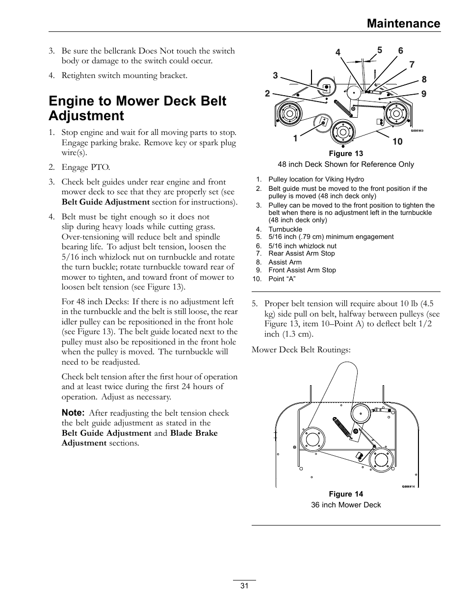 Engine to mower deck belt, Adjustment, Engine to mower deck belt adjustment | Maintenance | Exmark Vikingtm Hydro 4500-355 User Manual | Page 31 / 44