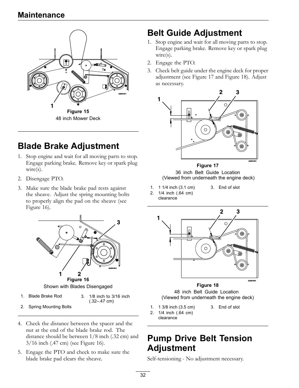 Blade brake adjustment, Belt guide adjustment, Pump drive belt tension adjustment | Maintenance | Exmark Vikingtm Hydro 4500-355 User Manual | Page 32 / 44
