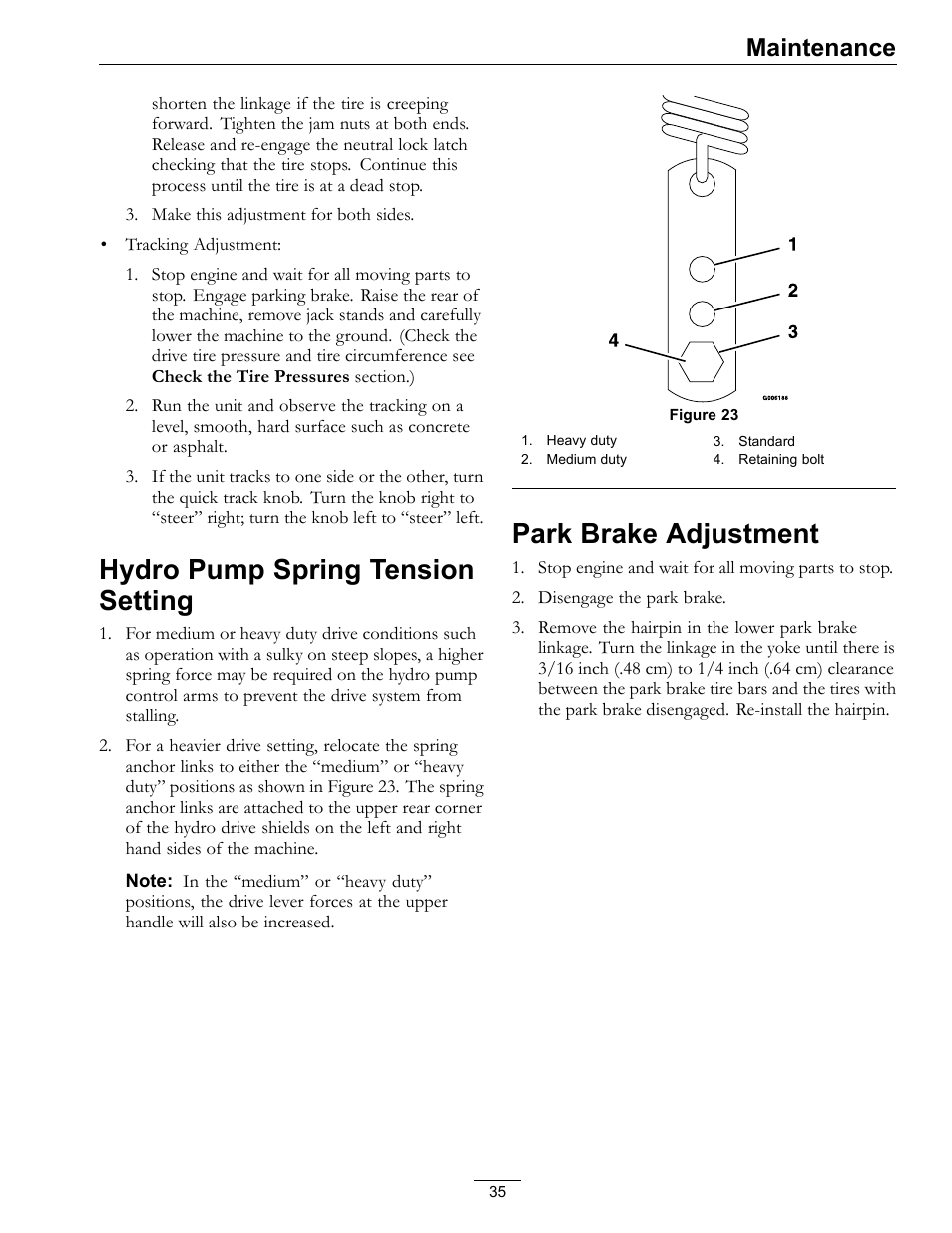Hydro pump spring tension setting, Park brake adjustment, Maintenance | Exmark Vikingtm Hydro 4500-355 User Manual | Page 35 / 44